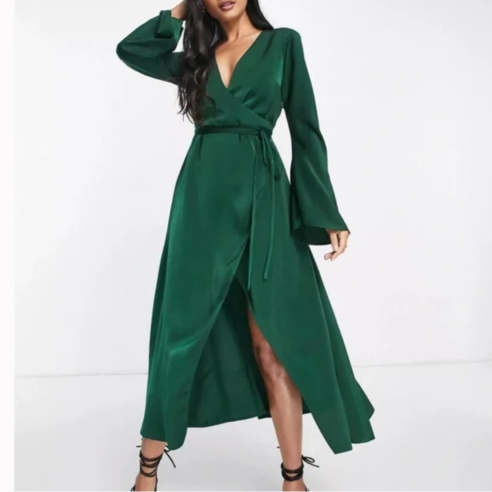 ASOS DESIGN bias cut satin wrap dress with tie waist in forest green 4